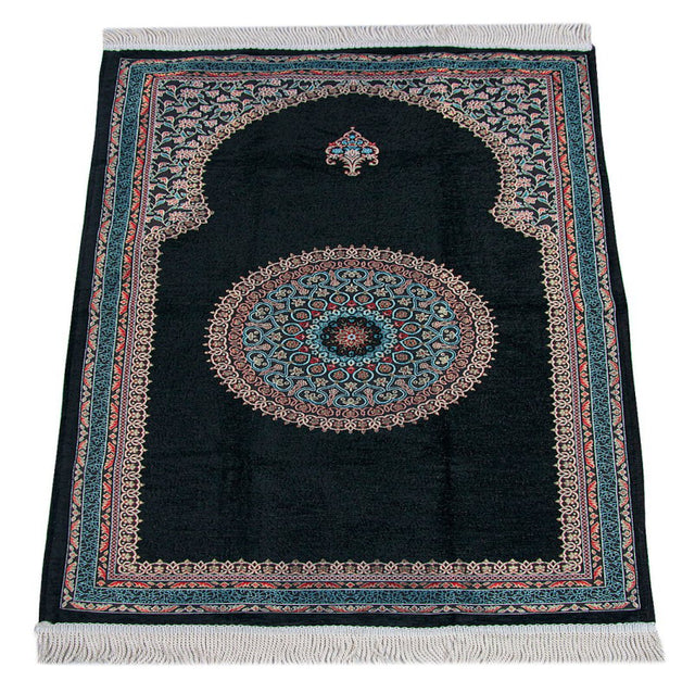 Black Traditional Motif Knitted Fringed Mihrab Lined Chenille Prayer Rug - TryAladdin