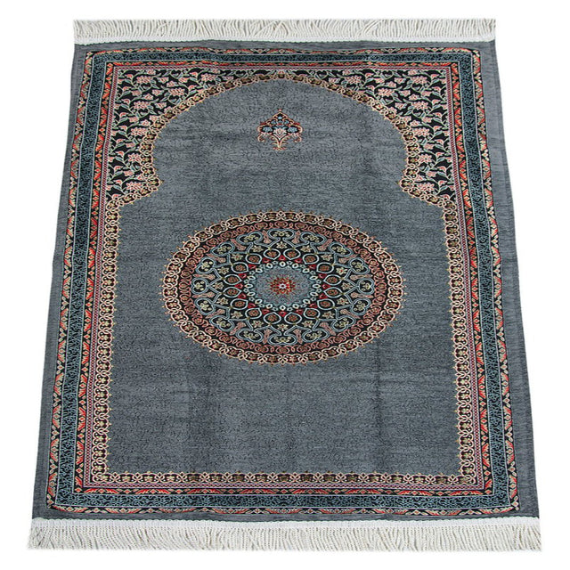 Gray Traditional Motif Knitted Fringed Mihrab Lined Chenille Prayer Rug - TryAladdin