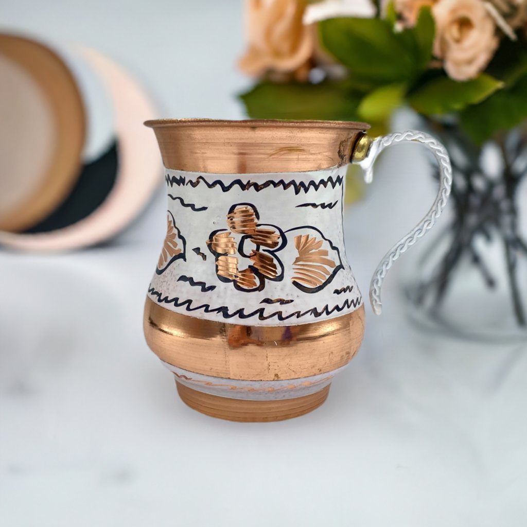 Lavina | White Copper Cup with Flower Design (9.5 cm) - TryAladdin