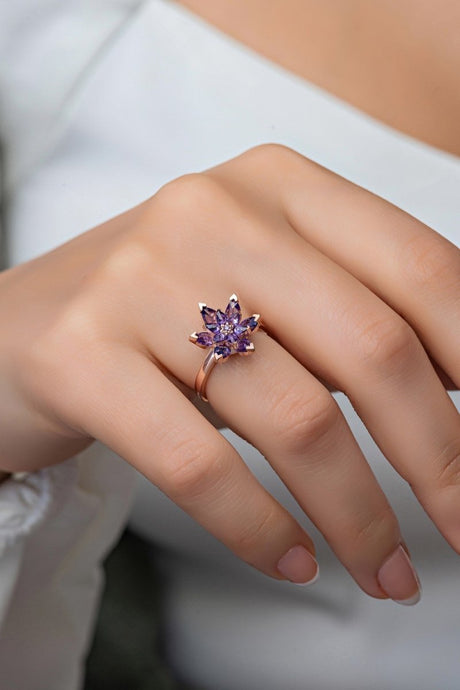 Nereze | Purple Stone Lotus Flower Adjustable Size Ring - TryAladdin