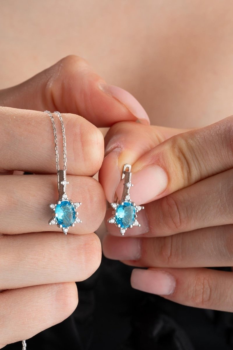 Nereze | Aquamarine Oval Stone Earrings and Necklace Set - TryAladdin