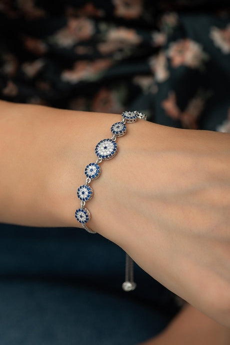 Nereze | Row Nazar Evil Eye Silver Bracelet with Adjustable Lock - TryAladdin