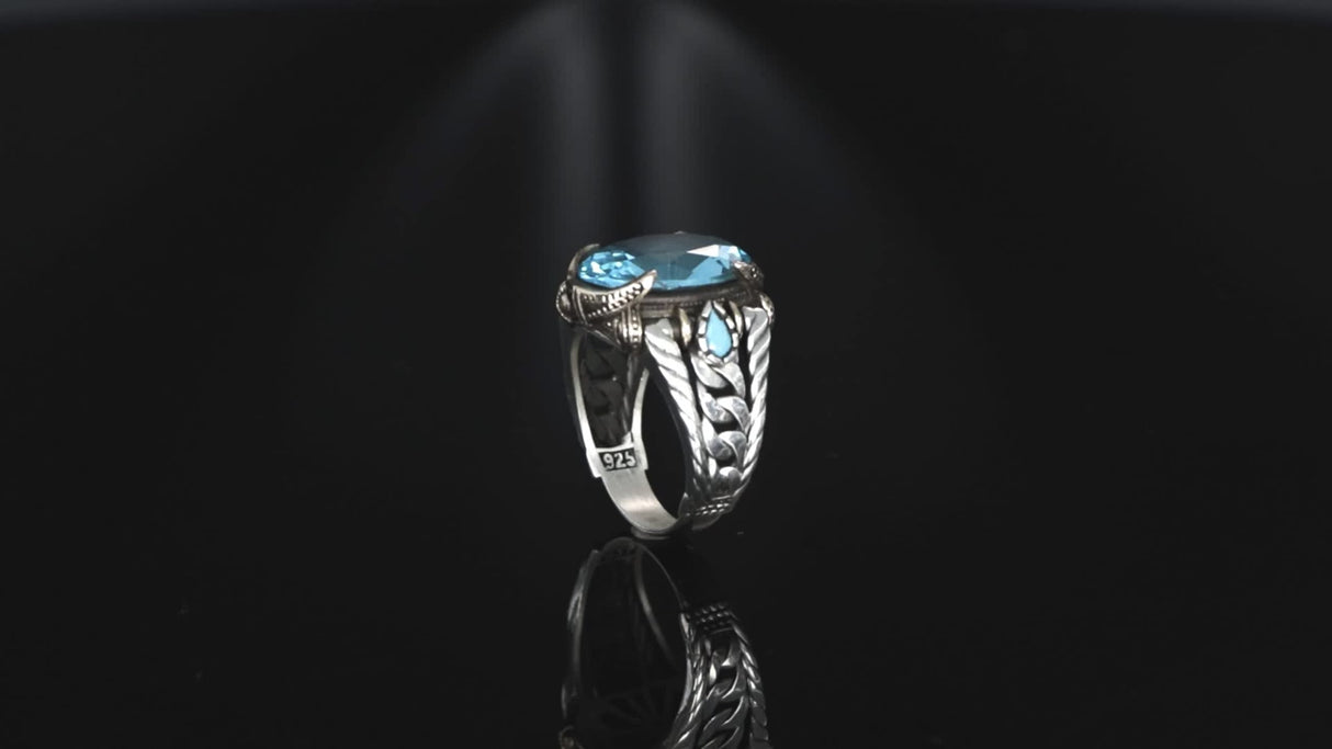 Tesbihevim | Ketting Serie Heren Zilveren Ring met Blauwe Topaas Steen