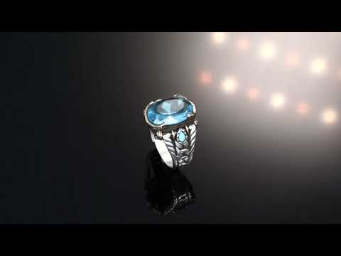 Tesbihevim | Ketting Serie Heren Zilveren Ring met Blauwe Topaas Steen