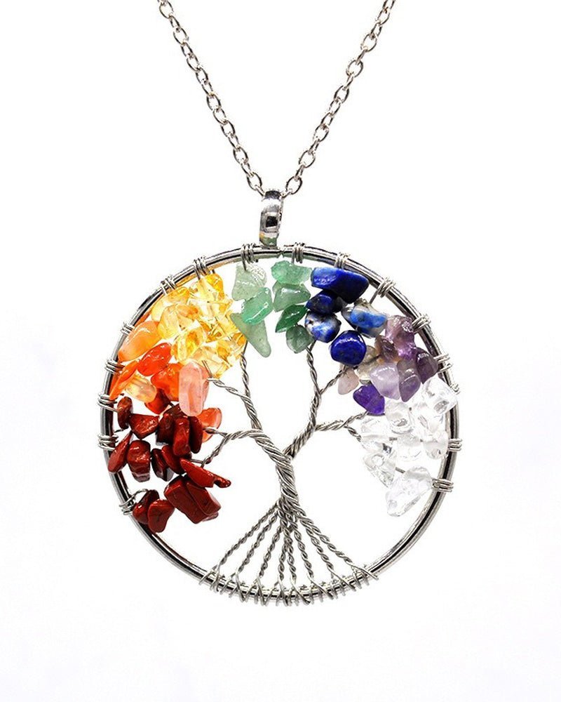 Taki | 7 Chakra Tree of Life Natural Stone Necklace with Metal Chain - TryAladdin