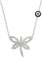 Taki | Women's Silver Dragonfly Necklace with Zircon Stones and Nazar Beads - TryAladdin