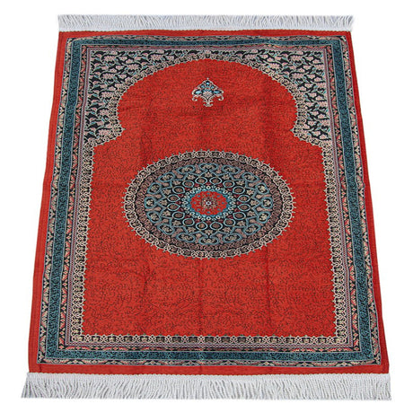 Tile Traditional Motif, Knitted Fringed, Mihrab, Lined Chenille Prayer Rug - TryAladdin